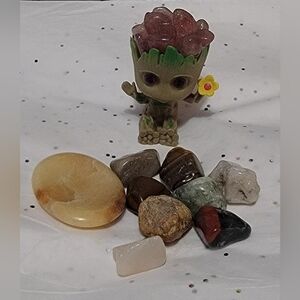 2" 3D Printed Groot with Strawberry Quartz Golden Rutilated Quartz Worry Stone